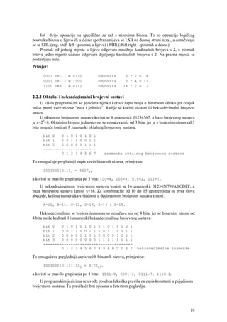 Još dvije operacije su specifične za rad s nizovima bitova. To su operacije logičkog
posmaka bitova u lijevo ili u desno (podrazumijeva se LSB na desnoj strani niza), a označavaju
se sa SHL (eng. shift left - posmak u lijevo) i SHR (shift right - posmak u desno).
     Posmak od jednog mjesta u lijevo odgovara množnju kardinalnih brojeva s 2, a posmak
bitova jedno mjesto udesno odgovara dijeljenju kardinalnih brojeva s 2. Na prazna mjesta se
postavljaju nule.
Primjer:

      0011 SHL 1 ≡ 0110               odgovara        3 * 2 = 6
      0011 SHL 2 ≡ 1100               odgovara        3 * 4 = 12
      1110 SHR 1 ≡ 0111               odgovara       14 / 2 = 7

2.2.2 Oktalni i heksadecimalni brojevni sustavi
     U višim programskim se jezicima rijetko koristi zapis broja u binarnom obliku jer čovjek
teško pamti veće nizove "nula i jedinica". Radije se koristi oktalni ili heksadecimalni brojevni
sustav.
     U oktalnom brojevnom sustavu koristi se 8 znamenki: 01234567, a baza brojevnog sustava
je x=23=8. Oktalnim brojem jednostavno se označava niz od 3 bita, jer je s binarnim nizom od 3
bita moguće kodirati 8 znamenki oktalnog brojevnog sustava:

      bit 0   0 1 0 1 0 1 0 1
      bit 1   0 0 1 1 0 0 1 1
      bit 2   0 0 0 0 1 1 1 1
      -----------------------
              0 1 2 3 4 5 6 7             znamenke oktalnog brojevnog sustava

To omogućuje pregledniji zapis većih binarnih nizova, primjerice

      1001000101112 = 44278,

a koristi se pravilo grupiranja po 3 bita: 100=4, 100=4, 010=2, 111=7.
    U heksadecimalnom brojevnom sustavu koristi se 16 znamenki: 0123456789ABCDEF, a
baza brojevnog sustava iznosi x=16. Za kombinacije od 10 do 15 upotrebljena su prva slova
abecede, kojima numerička vrijednost u decimalnom brojevom sustavu iznosi:

      A=10, B=11, C=12, D=13, E=14 i F=15.

     Heksadecimalnim se brojem jednostavno označava niz od 4 bita, jer se binarnim nizom od
4 bita može kodirati 16 znamenki heksadecimalnog brojevnog sustava:

      bit 0   0 1 0 1 0 1 0 1 0 1 0 1 0 1 0 1
      bit 1   0 0 1 1 0 0 1 1 0 0 1 1 0 0 1 1
      bit 2   0 0 0 0 1 1 1 1 0 0 0 0 1 1 1 1
      bit 3   0 0 0 0 0 0 0 0 1 1 1 1 1 1 1 1
      ---------------------------------------
              0 1 2 3 4 5 6 7 8 9 A B C D E F                heksadecimalne znamenke

To omogućava pregledniji zapis većih binarnih nizova, primjerice:

      10010001011111102 = 917E16,

a koristi se pravilo grupiranja po 4 bita: 1001=9, 0001=1, 0111=7, 1110=E.
    U programskim jezicima se uvode posebna leksička pravila za zapis konstanti u pojedinom
brojevnom sustavu. Ta pravila će biti opisana u četvrtom poglavlju.




                                                                                             19
 