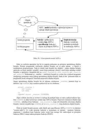 Objekt
              apstrakcije

                                   ADT - model podataka i operacija kojima se
                                   opisuje objekt apstrakcije




     Izrada programa             Sučelje s aplikacijom:               Implementacija
                                 - oznaka tipa ADT-a                  funkcija i struktura
                                 - specifikacija funkcija i           podataka potrebnih
     Izvršni program               uvjeta za primjenu ADT-a           za realizaciju ADT-a




                            Slika 16.1. Konceptualni model ADT-a


    Kako se realizira apstraktni tip bit će najprije pokazano na primjeru apstraktnog objekta
brojača. Primjer programske realizacije objekta brojača već je prije opisan u lekciji o
modularnom programiranju. Tada je model rada brojača bio sljedeći - stanje objekta brojača
opisivale su dvije statičke varijable: count (koja pokazuje izbroj) i mod (koja određuje modul
brojača), a operacije s brojačem bile su reset_counter(), incr_count(), get_count(),
get_modul(). Nedostatak te - statičke - realizacije brojača je u tome što u jednom programu
omogućuje postojanje samo jednog apstraktnog objekta brojača. Sada će biti pokazano kako se
programski može omogućiti višestruka pojavnost objekta brojača.
Stanje apstraktnog objekta brojača bit će opisano strukturom _counter, pomoću koje se
definira i tip COUNTER, koji označava pokazivač na ovu strukturu;

      struct _counter {
          int count;
          int mod;
      };
      typedef struct _counter *COUNTER;

    Zapis velikim slovima je izvršen iz razloga da podsjeti kako se radi o pokazivačkom tipu.
Ime COUNTER se dalje koristi kao oznaku tipa ADT-a brojača. Pojavnost (instancu) objekta tipa
COUNTER, određuju dvije funkcije: new_counter(), koja vrši dinamičko alociranje objekta
brojača i inicira varijable tipa COUNTER, te delete_counter(), koja dealocira objekt brojača.

    Pošto je model brojača poznat, sada slijedi opis specifikacije ADT-a COUNTER (u datoteci
"counter-adt.h"). Uz svaki prototip funkcije u komentaru su opisani: namjena funkcije,
argumenti i vrijednost koju funkcija vraća, uvjeti koji moraju biti zadovoljeni za primjenu
funkcije (PRE) i stanje nakon primjene funkcije (POST).




                                                                                          211
 