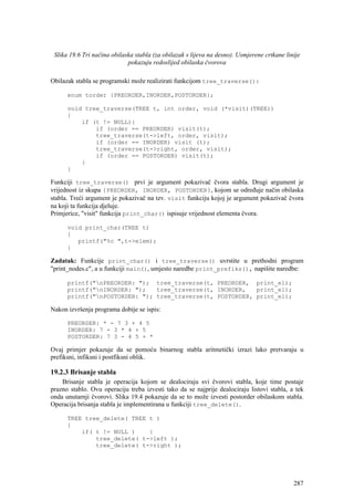 Slika 19.6 Tri načina obilaska stabla (za obilazak s lijeva na desno). Usmjerene crtkane linije
                             pokazuju redoslijed obilaska čvorova

Obilazak stabla se programski može realizirati funkcijom tree_traverse():

      enum torder {PREORDER,INORDER,POSTORDER};

      void tree_traverse(TREE t, int order, void (*visit)(TREE))
      {
          if (t != NULL){
              if (order == PREORDER) visit(t);
              tree_traverse(t->left, order, visit);
              if (order == INORDER) visit (t);
              tree_traverse(t->right, order, visit);
              if (order == POSTORDER) visit(t);
          }
      }

Funkciji tree_traverse() prvi je argument pokazivač čvora stabla. Drugi argument je
vrijednost iz skupa {PREORDER, INORDER, POSTORDER}, kojom se određuje način obilaska
stabla. Treći argument je pokazivač na tzv. visit funkciju kojoj je argument pokazivač čvora
na koji ta funkcija djeluje.
Primjerice, "visit" funkcija print_char() ispisuje vrijednost elementa čvora.

      void print_char(TREE t)
      {
         printf("%c ",t->elem);
      }

Zadatak: Funkcije print_char() i tree_traverse() uvrstite u prethodni program
"print_nodes.c", a u funkciji main(), umjesto naredbe print_prefiks(), napišite naredbe:

      printf("nPREORDER: "); tree_traverse(t, PREORDER, print_el);
      printf("nINORDER: ");   tree_traverse(t, INORDER,   print_el);
      printf("nPOSTORDER: "); tree_traverse(t, POSTORDER, print_el);

Nakon izvršenja programa dobije se ispis:

      PREORDER: * - 7 3 + 4 5
      INORDER: 7 - 3 * 4 + 5
      POSTORDER: 7 3 - 4 5 + *

Ovaj primjer pokazuje da se pomoću binarnog stabla aritmetički izrazi lako pretvaraju u
prefiksni, infiksni i postfiksni oblik.

19.2.3 Brisanje stabla
    Brisanje stabla je operacija kojom se dealociraju svi čvorovi stabla, koje time postaje
prazno stablo. Ovu operaciju treba izvesti tako da se najprije dealociraju listovi stabla, a tek
onda unutarnji čvorovi. Slika 19.4 pokazuje da se to može izvesti postorder obilaskom stabla.
Operacija brisanja stabla je implementirana u funkciji tree_delete().

      TREE tree_delete( TREE t )
      {
          if( t != NULL )    {
              tree_delete( t->left );
              tree_delete( t->right );




                                                                                             287
 