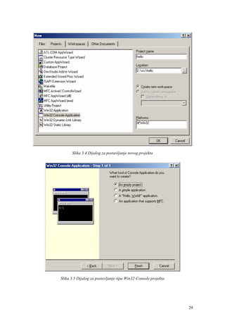 Slika 3.4 Dijalog za postavljanje novog projekta




Slika 3.5 Dijalog za postavljanje tipa Win32-Console projekta




                                                                29
 