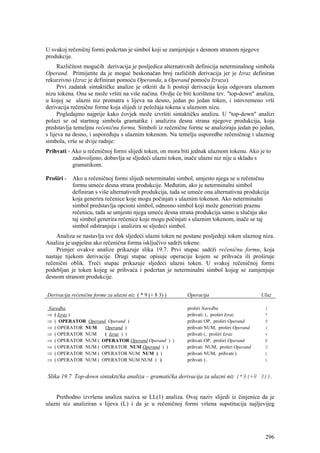 U svakoj rečeničnj formi podcrtan je simbol koji se zamjenjuje s desnom stranom njegove
produkcije.
      Različitost mogućih derivacija je posljedica alternativnih definicija neterminalnog simbola
Operand. Primijetite da je moguć beskonačan broj različitih derivacija jer je Izraz definiran
rekurzivno (Izraz je definiran pomoću Operanda, a Operand pomoću Izraza).
      Prvi zadatak sintaktičke analize je otkriti da li postoji derivacija koja odgovara ulaznom
nizu tokena. Ona se može vršiti na više načina. Ovdje će biti korištena tzv. "top-down" analiza,
u kojoj se ulazni niz promatra s lijeva na desno, jedan po jedan token, i istovremeno vrši
derivacija rečenične forme koja slijedi iz položaja tokena u ulaznom nizu.
      Pogledajmo najprije kako čovjek može izvršiti sintaktičku analizu. U "top-down" analizi
polazi se od startnog simbola gramatike i analizira desna strana njegove produkcija, koja
predstavlja temeljnu rečeničnu formu. Simboli iz rečenične forme se analiziraju jedan po jedan,
s lijeva na desno, i uspoređuju s ulaznim tokenom. Na temelju usporedbe rečeničnog i ulaznog
simbola, vrše se dvije radnje:
Prihvati - Ako u rečeničnoj formi slijedi token, on mora biti jednak ulaznom tokenu. Ako je to
           zadovoljeno, dobavlja se sljedeći ulazni token, inače ulazni niz nije u skladu s
           gramatikom.

Proširi - Ako u rečeničnoj formi slijedi neterminalni simbol, umjesto njega se u rečeničnu
          formu umeće desna strana produkcije. Međutim, ako je neterminalni simbol
          definiran s više alternativnih produkcija, tada se umeće ona alternativna produkcija
          koja generira rečenice koje mogu počinjati s ulaznim tokenon. Ako neterminalni
          simbol predstavlja opcioni simbol, odnosno simbol koji može generirati praznu
          rečenicu, tada se umjesto njega umeće desna strana produkcija samo u slučaju ako
          taj simbol generira rečenice koje mogu počinjati s ulaznim tokenom, inače se taj
          simbol odstranjuje i analizira se sljedeći simbol.
    Analiza se nastavlja sve dok sljedeći ulazni token ne postane posljednji token ulaznog niza.
Analiza je uspješna ako rečenična forma isključivo sadrži tokene.
    Primjer ovakve analize prikazuje slika 19.7. Prvi stupac sadrži rečeničnu formu, koja
nastaje tijekom derivacije. Drugi stupac opisuje operaciju kojem se prihvaća ili proširuje
rečenični oblik. Treći stupac prikazuje sljedeći ulazni token. U svakoj rečeničnoj formi
podebljan je token kojeg se prihvaća i podcrtan je neterminalni simbol kojeg se zamjenjuje
desnom stranom produkcije.


Derivacija rečenične forme za ulazni niz ( * 9 (+ 8 3) )    Operacija                       Ulaz

Naredba                                                     proširi Naredba                  (
⇒ ( Izraz )                                                 prihvati: (, proširi Izraz       *
⇒ ( OPERATOR Operand Operand )                              prihvati OP, proširi Operand     9
⇒ ( OPERATOR NUM    Operand )                               prihvati NUM, proširi Operand    (
⇒ ( OPERATOR NUM    ( Izraz ) )                             prihvati (, proširi Izraz        +
⇒ ( OPERATOR NUM ( OPERATOR Operand Operand ) )             prihvati OP, proširi Operand     8
⇒ ( OPERATOR NUM ( OPERATOR NUM Operand ) )                 prihvati NUM, proširi Operand    3
⇒ ( OPERATOR NUM ( OPERATOR NUM NUM ) )                     prihvati NUM, prihvati )         )
⇒ ( OPERATOR NUM ( OPERATOR NUM NUM ) )                     prihvati ) .                     )


Slika 19.7 Top-down sintaktička analiza – gramatička derivacija za ulazni niz (*9(+8 3)).


    Prethodno izvršena analiza naziva se LL(1) analiza. Ovaj naziv slijedi iz činjenice da je
ulazni niz analiziran s lijeva (L) i da je u rečeničnoj formi vršena supstitucija najljevijeg




                                                                                             296
 