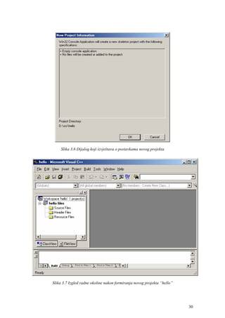 Slika 3.6 Dijalog koji izvještava o postavkama novog projekta




Slika 3.7 Izgled radne okoline nakon formiranja novog projekta “hello”




                                                                         30
 