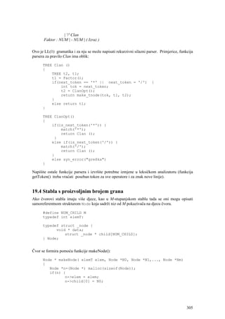 | '/' Clan
       Faktor : NUM | - NUM | ( Izraz )

Ovo je LL(1) gramatika i za nju se može napisati rekurzivni silazni parser. Primjerice, funkcija
parsera za pravilo Clan ima oblik:

      TREE Clan ()
      {
          TREE t2, t1;
          t1 = Factor();
          if(next_token == '*' || next_token = '/')                    {
              int tok = next_token;
              t2 = ClanOpt();
              return make_tnode(tok, t1, t2);
          }
          else return t1;
      }

      TREE ClanOpt()
      {
          if(is_next_token('*')) {
              match('*');
              return Clan ();
           }
          else if(is_next_token('/')) {
              match('/');
              return Clan ();
          }
          else syn_error("greška")
      }

Napišite ostale funkcije parsera i izvršite potrebne izmjene u leksičkom analizatoru (funkcija
getToken() treba vraćati poseban token za sve operatore i za znak nove linije).


19.4 Stabla s proizvoljnim brojem grana
Ako čvorovi stabla imaju više djece, kao u M-stupanjskom stablu tada se oni mogu opisati
samoreferentnom strukturom Node koja sadrži niz od M pokazivača na djecu čvora.

      #define NUM_CHILD M
      typedef int elemT:

      typedef struct _node {
            void * data;
                struct _node * child[NUM_CHILD];
      } Node;


Čvor se formira pomoću funkcije makeNode():

      Node * makeNode( elemT elem, Node *N0, Node *N1,..., Node *Nm)
      {
         Node *n=(Node *) malloc(sizeof(Node));
         if(n) {
                n->elem = elem;
                n->child[0] = N0;




                                                                                            305
 