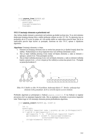 }

      void pqueue_free(PQUEUE pQ)
      { /*Destruktor ADT-a*/
          assert(pQ);
          free(pQ->elements);
          free(pQ);
      }

19.5.1 Umetanje elementa u prioritetni red
Ako želimo dodati element u prioritetni red možemo ga dodati na kraj niza. To je ekvivalentno
dodavanju krajnjeg desnog lista u stablu (prikazan crtkano na slici 19. 10). Ta operacija ima za
posljedicu da se N uveća za jedan, ali i da možda stablo ne zadovoljava pravilo hrpe. Da bi se
zadovoljilo pravilo hrpe koristi se postupak, ilustriran na slici 19.11, opisan u sljedećem
algoritmu:

Algoritam: Umetanje elementa x u hrpu
   1. Element iza krajnjeg elementa niza se tretira kao prazan (to je sljedeći krajnji desni list
       stabla). Podrazumijeva se da je kapacitet niza veći od broja elemenata u nizu.
   2. Ako je ključ roditelja praznog čvora manji od ključa elementa x, tada se element x
       upisuje u prazni čvor. Time postupak završen.
   3. Ako je ključ roditelja praznog čvora veći od ključa elementa x, tada se element roditelja
       kopira u prazni čvor, a čvor u kojem je bio roditelj se uzima kao prazni čvor. Postupak
       se ponavlja korakom 2.

                                        13
                17



                         21                       16
                                                                 17

               24                  31        19        69



          65        26        32                            13    21   16   24   31   19   69   65   26   32




    Slika 19.11 Stablo sa slike 19.10 prilikom dodavanja ključa 17. Strelice pokazuju koje
              elemente treba pomaknuti da bi se otvorilo mjesto za novi element.

Prethodni algoritam je primijenjen u funkciji pqueue_insert(). U toj funkciji se najprije
provjerava da li je popunjen kapacitet reda. Ako je popunjen, dvostruko se povećava kapacitet
reda. Nakon toga se vrši umetanje elementa prema prethodnome algoritmu.

      void pqueue_insert(PQUEUE pQ, elemT x)
      {
          int i;
          assert(pQ);
          /* provjeri kapacitet reda i povećaj ga ako je N>=kapacitet*/
          if ( pQ->N >= pQ->capacity-1 ) {
              pQ->capacity *= 2; /*udvostruèi kapacitet hrpe*/
              pQ->elements = (elemT *) realloc(pQ->elements,
                              sizeof(elemT)*pQ->capacity);
              if(!pQ->elements) exit(1);
          }




                                                                                                               312
 