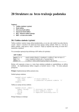 20 Strukture za brzo traženje podataka


Naglasci:
   • Tablice simbola i rječnici
   • Hash tablica
   • Otvorena hash tablica
   • Zatvorena hash tablica
   • BST - binarno stablo traženja
   • RBT - crveno-crno stablo


20.1 Tablice simbola i rječnici
Tablice simbola i rječnici imaju sličnu karakteristiku, a to je da svaki simbol ima neku ključnu
oznaku (ključ) i vrijednost (ili definiciju) koja opisuje značaj simbola. Može se i reći da je
tablica simbola skup parova <ključ, vrijednost>. Ključ je najčešće tipa string, ali može biti i
numerička vrijednost.

Tri su temeljne operacije koje definiraju ADT tablice (ili rječnika):

   ADT TABLE
   insert (T, k, v)    - umeće simbol, ključa k i vrijednosti v u tablicu T, ako već nije u T.
   find (T, k)         - vraća vrijednost simbola ako u T postoji ključ k,
   delete(T, k)        - iz tablice T briše simbol kojem je ključ k, ako postoji .

Brzina ovih operacija ovisna je o tome koja struktura podataka je upotrijebljena za tablicu
simbola. Za implementaciju tablice moguće je koristiti nizove i liste. To ćemo pokazati
primjerom.

Primjer: Implementacija tablice pomoću niza.

Simbol opisuje struktura:

      typedef struct symbol {
         char *key;           /* ključ simbola */
         void *val;           /* pokazivač vrijednost simbola                         */
      }Symbol;

Tablica se sastoji od niza simbola :

      typedef struct _table {
         Symbol *array;      /* alocirani niz simbola     */
         int N;              /* broj simbola u nizu       */
         int M;              /* kapacitet alociranog niza */
      } *TABLE

Primjer funkcije za traženje:




                                                                                                 317
 