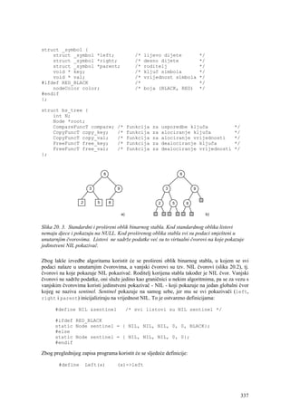 struct _symbol {
    struct _symbol *left;                   /*   lijevo dijete          */
    struct _symbol *right;                  /*   desno dijete           */
    struct _symbol *parent;                 /*   roditelj               */
    void * key;                             /*   ključ simbola          */
    void * val;                             /*   vrijednost simbola     */
#ifdef RED_BLACK                            /*                          */
    nodeColor color;                        /*   boja (BLACK, RED)      */
#endif
};

struct bs_tree {
    int N;
    Node *root;
    CompareFuncT compare;          /*   funkcija    za   usporedbe ključa               */
    CopyFuncT copy_key;            /*   funkcija    za   alociranje ključa              */
    CopyFuncT copy_val;            /*   funkcija    za   alociranje vrijednosti         */
    FreeFuncT free_key;            /*   funkcija    za   dealociranje ključa            */
    FreeFuncT free_val;            /*   funkcija    za   dealociranje vrijednosti       */
};




Slika 20. 3. Standardni i prošireni oblik binarnog stabla. Kod standardnog oblika listovi
nemaju djece i pokazuju na NULL. Kod proširenog oblika stabla svi su podaci smješteni u
unutarnjim čvorovima. Listovi ne sadrže podatke već su to virtualni čvorovi na koje pokazuje
jedinstveni NIL pokazivač.

Zbog lakše izvedbe algoritama koristit će se prošireni oblik binarnog stabla, u kojem se svi
podaci nalaze u unutarnjim čvorovima, a vanjski čvorovi su tzv. NIL čvorovi (slika 20.2), tj.
čvorovi na koje pokazuje NIL pokazivač. Roditelj korijena stabla također je NIL čvor. Vanjski
čvorovi ne sadrže podatke, oni služe jedino kao graničnici u nekim algoritmima, pa se za vezu s
vanjskim čvorovima koristi jedinstveni pokazivač - NIL - koji pokazuje na jedan globalni čvor
kojeg se naziva sentinel. Sentinel pokazuje na samog sebe, jer mu se svi pokazivači (left,
right i parent) inicijaliziraju na vrijednost NIL. To je ostvareno definicijama:

      #define NIL &sentinel             /* svi listovi su NIL sentinel */

      #ifdef RED_BLACK
      static Node sentinel = { NIL, NIL, NIL, 0, 0, BLACK};
      #else
      static Node sentinel = { NIL, NIL, NIL, 0, 0};
      #endif

Zbog preglednijeg zapisa programa koristit će se sljedeće definicije:

        #define     Left(x)        (x)->left




                                                                                             337
 