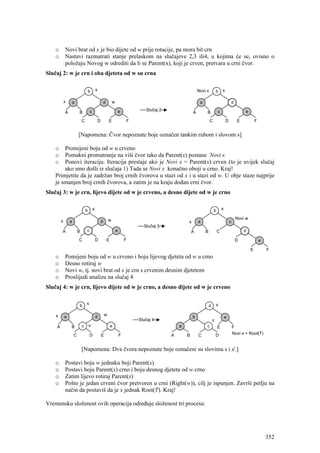 o   Novi brat od x je bio dijete od w prije rotacije, pa mora bit crn
    o   Nastavi razmatrati stanje prelaskom na slučajeve 2,3 ili4, u kojima će se, ovisno o
        položaju Novog w odrediti da li se Parent(x), koji je crven, pretvara u crni čvor.
Slučaj 2: w je crn i oba djeteta od w su crna




             [Napomena: Čvor nepoznate boje označen tankim rubom i slovom s]

    o   Promijeni boju od w u crveno
    o   Pomakni promatranje na viši čvor tako da Parent(x) postane Novi x
    o   Ponovi iteraciju. Iteracija prestaje ako je Novi x = Parent(x) crven (to je uvijek slučaj
        ako smo došli iz slučaja 1) Tada se Novi x konačno oboji u crno. Kraj!
    Primjetite da je zadržan broj crnih čvorova u stazi od x i u stazi od w. U obje staze najprije
    je smanjen broj crnih čvorova, a zatim je na kraju dodan crni čvor.
Slučaj 3: w je crn, lijevo dijete od w je crveno, a desno dijete od w je crno




    o   Pomijeni boju od w u crveno i boju lijevog djeteta od w u crno
    o   Desno rotiraj w
    o   Novi w, tj. novi brat od x je crn s crvenim desnim djetetom
    o   Proslijedi analizu na slučaj 4
Slučaj 4: w je crn, lijevo dijete od w je crno, a desno dijete od w je crveno




               [Napomena: Dva čvora nepoznate boje označeni su slovima s i s'.]

    o   Postavi boju w jednaku boji Parent(x)
    o   Postavi boju Parent(x) crno i boju desnog djeteta od w crno
    o   Zatim lijevo rotiraj Parent(x)
    o   Pošto je jedan crveni čvor pretvoren u crni (Right(w)), cilj je ispunjen. Završi petlju na
        način da postaviš da je x jednak Root(T). Kraj!

Vremensku složenost ovih operacija određuje složenost tri procesa:




                                                                                              352
 