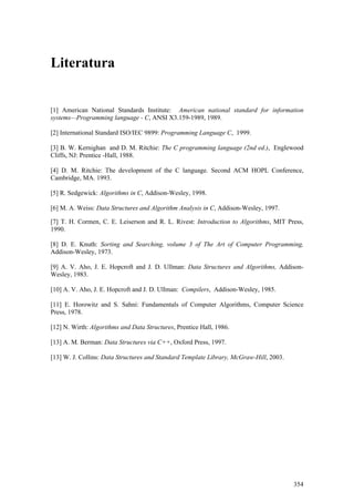 Literatura


[1] American National Standards Institute: American national standard for information
systems—Programming language - C, ANSI X3.159-1989, 1989.

[2] International Standard ISO/IEC 9899: Programming Language C, 1999.

[3] B. W. Kernighan and D. M. Ritchie: The C programming language (2nd ed.), Englewood
Cliffs, NJ: Prentice -Hall, 1988.

[4] D. M. Ritchie: The development of the C language. Second ACM HOPL Conference,
Cambridge, MA. 1993.

[5] R. Sedgewick: Algorithms in C, Addison-Wesley, 1998.

[6] M. A. Weiss: Data Structures and Algorithm Analysis in C, Addison-Wesley, 1997.

[7] T. H. Cormen, C. E. Leiserson and R. L. Rivest: Introduction to Algorithms, MIT Press,
1990.

[8] D. E. Knuth: Sorting and Searching, volume 3 of The Art of Computer Programming,
Addison-Wesley, 1973.

[9] A. V. Aho, J. E. Hopcroft and J. D. Ullman: Data Structures and Algorithms, Addison-
Wesley, 1983.

[10] A. V. Aho, J. E. Hopcroft and J. D. Ullman: Compilers, Addison-Wesley, 1985.

[11] E. Horowitz and S. Sahni: Fundamentals of Computer Algorithms, Computer Science
Press, 1978.

[12] N. Wirth: Algorithms and Data Structures, Prentice Hall, 1986.

[13] A. M. Berman: Data Structures via C++, Oxford Press, 1997.

[13] W. J. Collins: Data Structures and Standard Template Library, McGraw-Hill, 2003.




                                                                                        354
 