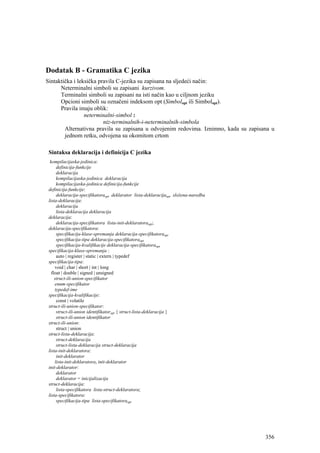 Dodatak B - Gramatika C jezika
Sintaktička i leksička pravila C-jezika su zapisana na sljedeći način:
      Neterminalni simboli su zapisani kurzivom.
      Terminalni simboli su zapisani na isti način kao u ciljnom jeziku
      Opcioni simboli su označeni indeksom opt (Simbolopt ili Simbolopt).
      Pravila imaju oblik:
                 neterminalni-simbol :
                         niz-terminalnih-i-neterminalnih-simbola
        Alternativna pravila su zapisana u odvojenim redovima. Iznimno, kada su zapisana u
        jednom retku, odvojena su okomitom crtom

 Sintaksa deklaracija i definicija C jezika
  kompilacijaska-jedinica:
      definicija-funkcije
      deklaracija
      kompilacijaska-jedinica deklaracija
      kompilacijaska-jedinica definicija-funkcije
 definicija-funkcije:
      deklaracija-specifikatoraopt deklarator lista-deklaracijaopt složena-naredba
 lista-deklaracija:
      deklaracija
      lista-deklaracija deklaracija
 deklaracija:
      deklaracija-specifikatora lista-init-deklaratoraopt;
 deklaracija-specifikatora:
      specifikacija-klase-spremanja deklaracija-specifikatoraopt
      specifikacija-tipa deklaracija-specifikatoraopt
      specifikacija-kvalifikacije deklaracija-specifikatoraopt
 specifikacija-klase-spremanja :
      auto | register | static | extern | typedef
 specifikacija-tipa:
     void | char | short | int | long
   float | double | signed | unsigned
     struct-ili-union-specifikator
     enum-specifikator
     typedef-ime
 specifikacija-kvalifikacije:
      const | volatile
 struct-ili-union-specifikator:
      struct-ili-union identifikatoropt { struct-lista-deklaracija }
      struct-ili-union identifikator
 struct-ili-union:
      struct | union
 struct-lista-deklaracija:
      struct-deklaracija
      struct-lista-deklaracija struct-deklaracija
 lista-init-deklaratora:
      init-deklarator
     lista-init-deklaratora, init-deklarator
 init-deklarator:
      deklarator
      deklarator = inicijalizacija
 struct-deklaracija:
      lista-specifikatora lista-struct-deklaratora;
 lista-specifikatora:
      specifikacija-tipa lista-specifikatoraopt




                                                                                      356
 