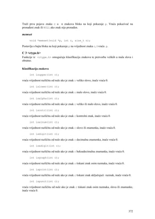 Traži prvu pojavu znaka c u n znakova bloka na koji pokazuje p. Vraća pokazivač na
pronađeni znak ili NULL ako znak nije pronađen.

memset
      void *memset(void *p, int c, size_t n);

Postavlja n bajta bloka na koji pokazuje p na vrijednost znaka c, i vraća p.

C 3 <ctype.h>
Funkcije iz <ctype.h> omogućuju klasifikaciju znakova te pretvorbu velikih u mala slova i
obratno.

Klasifikacija znakova

      int isupper(int c);

vraća vrijednost različitu od nule ako je znak c veliko slovo, inače vraća 0.

      int islower(int c);

vraća vrijednost različitu od nule ako je znak c malo slovo, inače vraća 0.

      int isalpha(int c);

vraća vrijednost različitu od nule ako je znak c veliko ili malo slovo, inače vraća 0.

      int iscntrl(int c);

vraća vrijednost različitu od nule ako je znak c kontrolni znak, inače vraća 0.

      int isalnum(int c);

vraća vrijednost različitu od nule ako je znak c slovo ili znamenka, inače vraća 0.

      int isdigit(int c);

vraća vrijednost različitu od nule ako je znak c decimalna znamenka, inače vraća 0.

      int isxdigit(int c);

vraća vrijednost različitu od nule ako je znak c heksadecimalna znamanka, inače vraća 0.

      int isgraph(int c);

vraća vrijednost različitu od nule ako je znak c tiskani znak osim razmaka, inače vraća 0.

      int isprint(int c);

vraća vrijednost različitu od nule ako je znak c tiskani znak uključujući razmak, inače vraća 0.

      int ispunct(int c);

vraća vrijednost različitu od nule ako je znak c tiskani znak osim razmaka, slova ili znamanke,
inače vraća 0.




                                                                                             372
 
