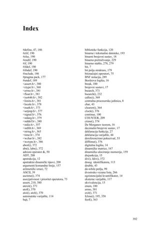 Index


#define, 47, 186                           biblioteke funkcija, 120
#elif, 190                                 binarne i tekstualne datoteke, 193
#else, 190                                 binarni brojevni sustav, 18
#endif, 190                                binarno pretraživanje, 229
#if, 190                                   binarno stablo, 278, 279
#ifdef, 190                                bit, 7
#ifndef, 190                               bit polja strukture, 179
#include, 186                              bitznačajni operatori, 75
#pragma pack, 177                          BNF notacija, 289
#undef, 189                                Booleova logika, 16
<assert.h>, 380                            break, 100
<ctype.h>, 368                             brojevni sustavi, 17
<errno.h>, 381                             bsearch, 371
<float.h>, 381                             bsearch(), 232
<iso646.h>, 382                            calloc(), 369
<limits.h>, 381                            centralna procesorska jedinica, 8
<locale.h>, 378                            char, 43
<math.h>, 373                              clearerr(), 364
<setjmp.h>, 377                            clock(), 376
<signal.h>, 376                            continue, 100
<stdarg.h>, 379                            COUNTER, 209
<stddef.h>, 380                            ctime(), 374
<stdio.h>, 357                             De Morganov teorem, 16
<stdlib.h>, 369                            decimalni brojevni sustav, 17
<string.h>, 365                            deklaracija funkcije, 27
<time.h>, 374                              deklaracija varijable, 44
<wchar.h>, 382                             dereferencirani pokazivač, 53
<wctype.h>, 386                            difftime(), 376
abort(), 372                               digitalna logika, 14
abs(), labs(), 372                         dinamičke matrice, 167
adresni operator &, 50                     dinamičko alociranje memorije, 159
ADT, 208                                   disjunkcija, 15
apstrakcija, 12                            div(), ldiv(), 372
apstraktni dinamički tipovi, 208           doseg identifikatora, 113
argumenti komandne linije, 157             double, 43
aritmetički izrazi, 72                     do-while petlja, 99
ASCII, 39                                  dvostruko vezana lista, 266
asctime(), 374                             egzistencijalni kvantifikator, 14
asocijativnost i prioritet operatora, 73   eksterne varijable, 117
assert, 210, 380                           ekvivalencija, 15
atexit(), 371                              enum, 180
atof(), 370                                errno, 381
atoi(), atol(), 370                        exit(), 371
automatske varijable, 114                  fclose(), 195, 358
bajt, 7                                    feof(), 363




                                                                                392
 