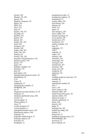 ferror(), 364                          komplement dvojke, 35
fflush(), 195, 358                     komplement jedinice, 35
fgetc(), 358                           konjunkcija, 15
fgetpos(), fsetpos(), 363              korijen stabla, 279
fgets(), 361                           kule Hanoia, 226
FIFO, 218                              leksemi, 84
FILE, 192                              LIFO, 213
float, 43                              linker, 22
fopen(), 194, 357                      lista stringova, 258
for petlja, 99                         listovi stabla, 279
fprintf(), 359                         literalne konstante, 82
fputc(), 358                           LL(1) analiza, 293
fputs(), 362                           localeconv(), 378
fread(), 201, 362                      localtime(), 374
free(), 369                            lokalne varijable, 114
freopen(), 358                         long, 43
fscanf(), 360                          longjmp(), 377
fseek(), 204, 362                      LSB, 7
ftell(), 203, 362                      makefile, 33
funkcije, 64                           makro, 187
fwrite(), 201, 362                     malloc(), 369
generator slučajnih brojeva, 156       memchr(), 367
getchar(), getc(), 358                 memcmp(), 367
getenv, 371                            memcpy(), 367
gets(), 361                            memmove(), 367
globalne varijable, 116                memset(), 368
gmtime(), 374                          merge sort, 240
goto, 90                               metajezik, 84
hash tablica, 316                      mktime(), 376
heksadecimalni brojevni sustav, 20     MSB, 7
identifikatori, 82                     multibajt znakovne sekvence, 372
if, 91                                 naredbe, 88
if-else, 92                            negacija, 15
implikacija, 15                        neterminalni simboli, 85
inicijalizacija varijable, 55          nibl, 7
INORDER, 284                           nizovi, 103
int, 43                                nizovi znakova, 146
Integrirana razvojna okolina, 22, 28   obilazak stabla, 283
intepreter, 22                         oktalni brojevnim sustav, 20
interpreter prefiksnih izraza, 288     općenito stablo, 278
invertor, 16                           operativni sustav, 9
izjavna logika, 14                     operator indirekcije, 51
izlazne jedinice, 8                    parser, 294
izrazi, 72                             perror(), 364
izvedivi program, 22                   petlje, 97
izvorni program, 6                     pobrojani tip, 180
jednodimenzionalni nizovi, 103         podijeli pa vladaj, 228
klasifikacija znakova, 368             pointeri, 51
kodiranje, 34                          pokazivači, 51
kodiranje realnih brojeva, 37          postfiksna notacija izraza, 215
kodiranje znakova, 39                  POSTORDER, 284
komentar, 83                           povezivač, 22
kompilator, 21                         poziv funkcije, 26




                                                                          393
 