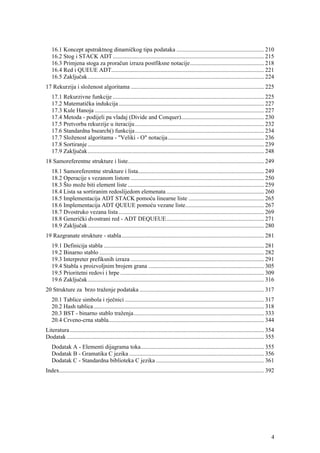 16.1 Koncept apstraktnog dinamičkog tipa podataka ........................................................... 210
   16.2 Stog i STACK ADT ...................................................................................................... 215
   16.3 Primjena stoga za proračun izraza postfiksne notacije.................................................. 218
   16.4 Red i QUEUE ADT....................................................................................................... 221
   16.5 Zaključak....................................................................................................................... 224
17 Rekurzija i složenost algoritama .......................................................................................... 225
   17.1 Rekurzivne funkcije ...................................................................................................... 225
   17.2 Matematička indukcija .................................................................................................. 227
   17.3 Kule Hanoja .................................................................................................................. 227
   17.4 Metoda - podijeli pa vladaj (Divide and Conquer)........................................................ 230
   17.5 Pretvorba rekurzije u iteraciju ....................................................................................... 232
   17.6 Standardna bsearch() funkcija ....................................................................................... 234
   17.7 Složenost algoritama - "Veliki - O" notacija................................................................. 236
   17.8 Sortiranje ....................................................................................................................... 239
   17.9 Zaključak....................................................................................................................... 248
18 Samoreferentne strukture i liste............................................................................................ 249
   18.1 Samoreferentne strukture i lista..................................................................................... 249
   18.2 Operacije s vezanom listom .......................................................................................... 250
   18.3 Što može biti element liste ............................................................................................ 259
   18.4 Lista sa sortiranim redoslijedom elemenata .................................................................. 260
   18.5 Implementacija ADT STACK pomoću linearne liste ................................................... 265
   18.6 Implementacija ADT QUEUE pomoću vezane liste..................................................... 267
   18.7 Dvostruko vezana lista .................................................................................................. 269
   18.8 Generički dvostrani red - ADT DEQUEUE.................................................................. 271
   18.9 Zaključak....................................................................................................................... 280
19 Razgranate strukture - stabla ................................................................................................ 281
   19.1 Definicija stabla ............................................................................................................ 281
   19.2 Binarno stablo ............................................................................................................... 282
   19.3 Interpreter prefiksnih izraza .......................................................................................... 291
   19.4 Stabla s proizvoljnim brojem grana .............................................................................. 305
   19.5 Prioritetni redovi i hrpe ................................................................................................. 309
   19.6 Zaključak....................................................................................................................... 316
20 Strukture za brzo traženje podataka .................................................................................... 317
   20.1 Tablice simbola i rječnici .............................................................................................. 317
   20.2 Hash tablica ................................................................................................................... 318
   20.3 BST - binarno stablo traženja........................................................................................ 333
   20.4 Crveno-crna stabla......................................................................................................... 344
Literatura ................................................................................................................................... 354
Dodatak ..................................................................................................................................... 355
   Dodatak A - Elementi dijagrama toka................................................................................... 355
   Dodatak B - Gramatika C jezika ........................................................................................... 356
   Dodatak C - Standardna biblioteka C jezika ......................................................................... 361
Index.......................................................................................................................................... 392




                                                                                                                                                 4
 