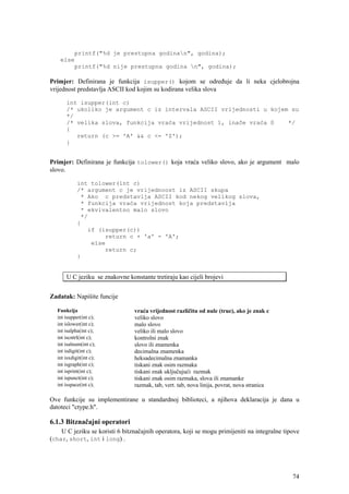 printf("%d je prestupna godinan", godina);
    else
        printf("%d nije prestupna godina n", godina);

Primjer: Definirana je funkcija isupper() kojom se određuje da li neka cjelobrojna
vrijednost predstavlja ASCII kod kojim su kodirana velika slova

      int isupper(int c)
      /* ukoliko je argument c iz intervala ASCII vrijednosti u kojem su
      */
      /* velika slova, funkcija vraća vrijednost 1, inače vraća 0    */
      {
         return (c >= 'A' && c <= 'Z');
      }


Primjer: Definirana je funkcija tolower() koja vraća veliko slovo, ako je argument malo
slovo.

            int tolower(int c)
            /* argument c je vrijednoost iz ASCII skupa
             * Ako c predstavlja ASCII kod nekog velikog slova,
             * funkcija vraća vrijednost koja predstavlja
             * ekvivalentno malo slovo
             */
            {
               if (isupper(c))
                    return c + 'a' - 'A';
                else
                    return c;
            }


      U C jeziku se znakovne konstante tretiraju kao cijeli brojevi


Zadatak: Napišite funcije

  Funkcija                      vraća vrijednost različitu od nule (true), ako je znak c
  int isupper(int c);           veliko slovo
  int islower(int c);           malo slovo
  int isalpha(int c);           veliko ili malo slovo
  int iscntrl(int c);           kontrolni znak
  int isalnum(int c);           slovo ili znamenka
  int isdigit(int c);           decimalna znamenka
  int isxdigit(int c);          heksadecimalna znamanka
  int isgraph(int c);           tiskani znak osim razmaka
  int isprint(int c);           tiskani znak uključujući razmak
  int ispunct(int c);           tiskani znak osim razmaka, slova ili znamanke
  int isspace(int c);           razmak, tab, vert. tab, nova linija, povrat, nova stranica

Ove funkcije su implementirane u standardnoj biblioteci, a njihova deklaracija je dana u
datoteci "ctype.h".

6.1.3 Bitznačajni operatori
    U C jeziku se koristi 6 bitznačajnih operatora, koji se mogu primijeniti na integralne tipove
(char, short, int i long) .




                                                                                              74
 