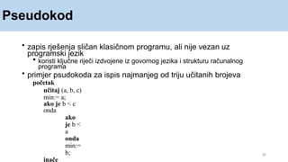 Pseudokod
30
• zapis rješenja sličan klasičnom programu, ali nije vezan uz
programski jezik
 koristi ključne riječi izdvojene iz govornog jezika i strukturu računalnog
programa
• primjer psudokoda za ispis najmanjeg od triju učitanih brojeva
početak
učitaj (a, b, c)
min:= a;
ako je b < c
onda
ako
je b <
a
onda
min:=
b;
inače
 