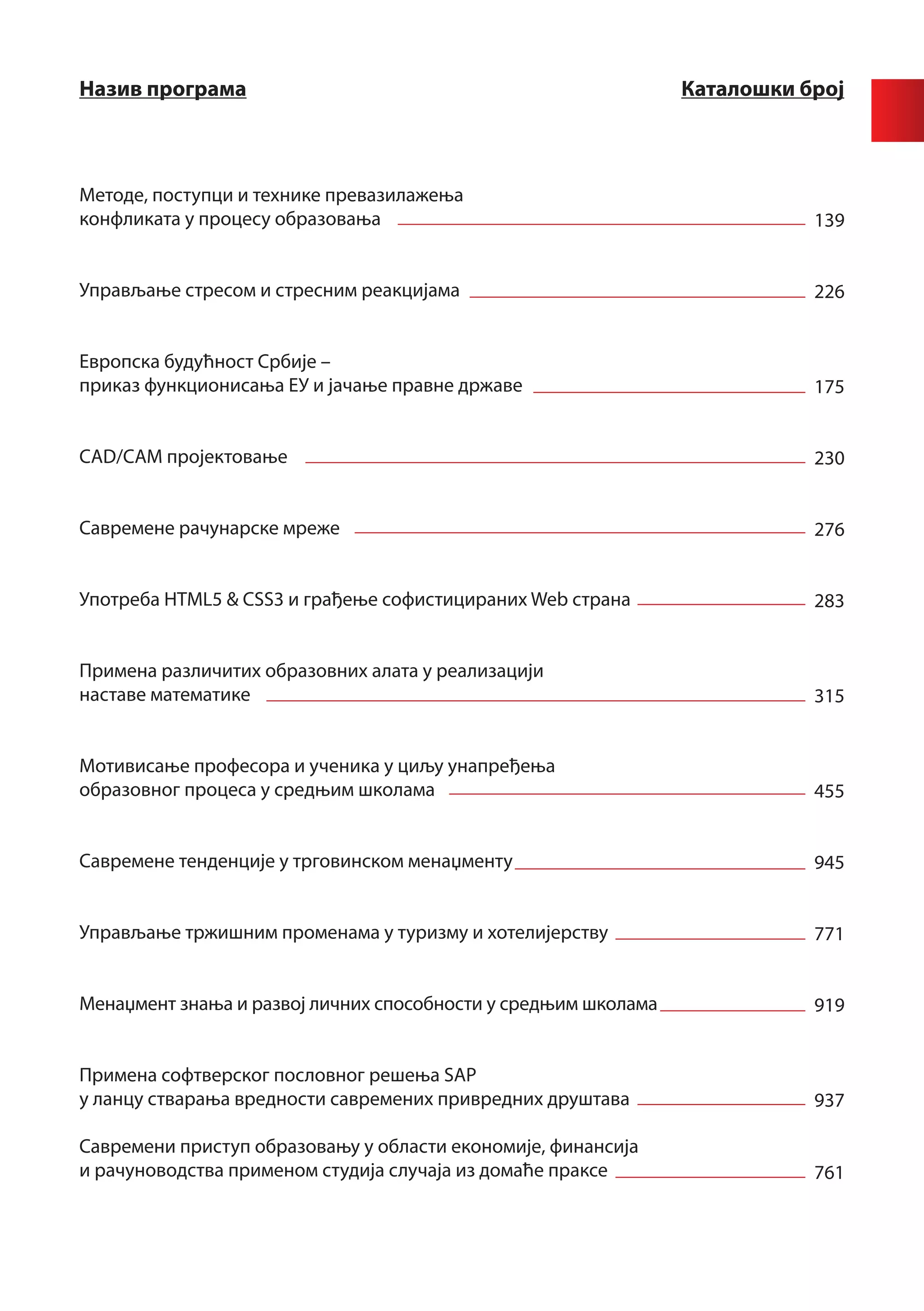 Назив програма		                                                Каталошки број



Методе, поступци и технике превазилажења
конфликата у процесу образовања                                            139


Управљање стресом и стресним реакцијама                                    226


Европска будућност Србије –
приказ функционисања ЕУ и јачање правне државе                             175


CAD/CAM пројектовање                                                       230


Савремене рачунарске мреже                                                 276


Употреба HTML5 & CSS3 и грађење софистицираних Web страна                  283


Примена различитих образовних алата у реализацији
наставе математике                                                         315


Мотивисање професора и ученика у циљу унапређења
образовног процеса у средњим школама                                       455


Савремене тенденције у трговинском менаџменту                              945


Управљање тржишним променама у туризму и хотелијерству                     771


Менаџмент знања и развој личних способности у средњим школама              919


Примена софтверског пословног решења SAP
у ланцу стварања вредности савремених привредних друштава                  937

Савремени приступ образовању у области економије, финансија
и рачуноводства применом студијa случаја из домаће праксе                  761
 