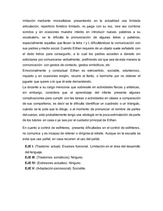 imitación mediante monosílabas presentando en la actualidad una limitada
articulación, repertorio fonético limitado, no juega con su voz, rara vez combina
sonidos y en ocasiones muestra interés en introducir nuevas palabras a su
vocabulario, se le dificulta la pronunciación de algunas letras y palabras,
especialmente aquellas que llevan la letra r y l, dificultándose la comunicación con
sus padres y medio social. Cuando Eithan requiere de un objeto suele señalarlo con
el dedo índice para conseguirlo, a lo cual los padres acceden a dárselo sin
esforzarse por comunicarse verbalmente, prefiriendo así que sea de esta manera la
comunicación: con gestos de contacto, gestos simbólicos, etc
Emocionalmente y conductual Eithan es extrovertido, sociable, voluntarioso,
inquieto y en ocasiones enojón, recurre al llanto, o berrinche por no obtener el
juguete que quiere o lo que él este demandando.
La docente a su cargo menciona que sobresale en actividades físicas y artísticas,
sin embargo, considera que el aprendizaje del infante presenta algunas
complicaciones para cumplir con las tareas o actividades en clases a comparación
de sus compañeros, es decir se le dificulta identificar un cuadrado o un triángulo,
cuándo se le pide que lo dibuje, o al momento de pronunciar el nombre de partes
del cuerpo, esto probablemente tengo una etiología en la poca estimulación de parte
de los tutores en casa o ya sea por el cuidador principal de Eithan.
En cuanto a control de esfínteres, presenta dificultades en el control de esfínteres,
no comunica y es incapaz de retener o dirigirse al retrete. Aunque en la escuela se
evita que use pañal, en casa recurren al uso del pañal.
EJE I: (Trastorno actual): Enuresis funcional. Limitación en el área del desarrollo
del lenguaje.
EJE III: (Trastornos somáticos): Ninguno.
EJE IV: (Estresores actuales): Ninguno.
EJE V: (Adaptación psicosocial): Sociable.
 