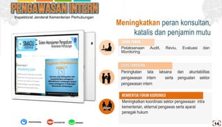Pelaksanaan Audit, Reviu, Evaluasi dan
Monitoring
Peningkatan tata laksana dan akuntabilitas
pengawasan intern serta penguatan sektor
pengawasan intern
Meningkatkan koordinasi sektor pengawasan intra
kementerian, ekternal pengawas serta aparat
penegak hukum
Meningkatkan peran konsultan,
katalis dan penjamin mutu
Inspektorat Jenderal Kementerian Perhubungan
AMANAHPROFESIONAL INTEGRITAS
14
 