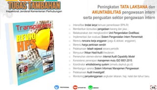 Inspektorat Jenderal Kementerian Perhubungan
o Intensifitas tindak lanjut temuan pemeriksaan BPK-RI;
o Memberikan konsultasi pengadaan barang dan jasa ;
o Melaksanakan dan mengkoordinir Unit Pengendalian Gratifikasi;
o Implementasi dan evaluasi Sistem Pengendalian Intern Pemerintah
o Mereviu rencana kerja anggaran (pagu & alokasi anggaran);
o Mereviu harga perkiraan sendiri
o Pelaksanaan telaah sejawat secara periodik
o Menyusun Ihtisar Hasil Audit triwulanan;
o Pemenuhan elemen-elemen Internal Audit Capability Model
o Konsistensi penerapan manajemen mutu ISO 9001:2015;
o Koordinator whistleblowing system (simadu.dephub.go.id)
o Membangun sarana Sistem Informasi Manajemen Pengawasan
o Pelaksanaan Audit Investigatif;
o Monitoring penyelenggaraan angkutan lebaran, haji, natal dan tahun baru.
Peningkatan TATA LAKSANA dan
AKUNTABILITAS pengawasan intern
serta penguatan sektor pengawaan intern
AMANAHPROFESIONAL INTEGRITAS 15
 