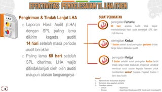 6
Pengiriman & Tindak Lanjut LHA
o Laporan Hasil Audit (LHA)
dengan SPL paling lama
dikirim kepada auditi
14 hari setelah masa periode
audit berakhir
o Paling lama 60 hari setelah
SPL diterima, LHA wajib
ditindaklanjuti oleh oleh auditi
maupun atasan langsungnya
60 hari, apabila Auditi tidak dapat
menindaklanjuti hasil audit semenjak SPL dan
LHA diterima
SURAT PERINGATAN
peringatan Pertama
1 bulan setelah surat peringatan pertama tindak
lanjut belum dilakukan auditi
peringatan Kedua
1 bulan setelah surat peringatan kedua terbit
tindak lanjut tidak dilakukan, Inspektur Jenderal
membuat surat usulan kepada Menteri untuk
memberikan sanksi* kepada Pejabat Eselon I
dan/ atau Auditi
peringatan Ketiga
Notes*
1. Administratif (hukuman disiplin)
2. Tuntutan atau gugatan perdata
3. Tindakan pidana
• Umum : Kepolisian
• Khusus : Kepolisian/Kejaksaan/KPK (hasil audit investigatif)
 