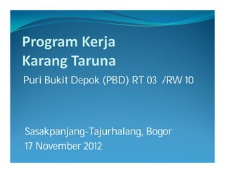 Puri Bukit Depok (PBD) RT 03 /RW 10




Sasakpanjang-Tajurhalang, Bogor
17 November 2012
 