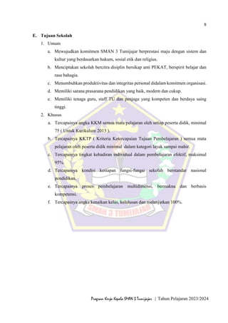 8
Program Kerja Kepala SMAN 3 Tumijajar | Tahun Pelajaran 2023/2024
E. Tujuan Sekolah
1. Umum
a. Mewujudkan komitmen SMAN 3 Tumijajar berprestasi maju dengan sistem dan
kultur yang berdasarkan hukum, sosial etik dan religius.
b. Menciptakan sekolah bercitra disiplin bersikap anti PEKAT, berspirit belajar dan
rasa bahagia.
c. Menumbuhkan produktivitas dan integritas personal didalam komitmen organisasi.
d. Memiliki sarana prasarana pendidikan yang baik, modern dan cukup.
e. Memiliki tenaga guru, staff TU dan penjaga yang kompeten dan berdaya saing
tinggi.
2. Khusus
a. Tercapainya angka KKM semua mata pelajaran oleh setiap peserta didik, minimal
75 ( Untuk Kurikulum 2013 ).
b. Tercapainya KKTP ( Kriteria Ketercapaian Tujuan Pembelajaran ) semua mata
pelajaran oleh peserta didik minimal dalam kategori layak sampai mahir.
c. Tercapainya tingkat kehadiran individual dalam pembelajaran efektif, maksimal
95%.
d. Tercapainya kondisi kesiapan fungsi-fungsi sekolah berstandar nasional
pendidikan.
e. Tercapainya proses pembelajaran multidimensi, bermakna dan berbasis
kompetensi.
f. Tercapainya angka kenaikan kelas, kelulusan dan melanjutkan 100%.
 