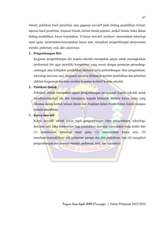 67
Program Kerja Kepala SMAN 3 Tumijajar | Tahun Pelajaran 2023/2024
ilmiah, publikasi hasil penelitian atau gagasan inovatif pada bidang pendidikan formal,
laporan hasil penelitian, tinjauan ilmiah, tulisan ilmiah populer, artikel ilmiah, buku dalam
bidang pendidikan, karya terjemahan, 3) karya inovatif, meliputi: menemukan teknologi
tepat guna, menemukan/menciptakan karya seni, mengikuti pengembangan penyusunan
standar, pedoman, soal, dan sejenisnya.
1. Pengembangan Diri
Kegiatan pengembangan diri kepala sekolah merupakan upaya untuk meningkatkan
profesional diri agar memiliki kompetensi yang sesuai dengan peraturan perundang-
undangan atau kebijakan pendidikan nasional serta perkembangan ilmu pengetahuan,
teknologi dan/atau seni. Kegiatan tersebut dilakukan melalui pendidikan dan pelatihan
(diklat) fungsional dan/atau melalui kegiatan kolektif kepala sekolah.
2. Publikasi Ilmiah
Publikasi ilmiah merupakan upaya pengembangan profesional kepala sekolah untuk
mendiseminasikan ide dan kinerjanya kepada khalayak melalui karya nyata yang
dikemas dalam bentuk tulisan ilmiah dan disajikan dalam forum-forum ilmiah maupun
melalui penerbitan
3. Karya Inovatif
Karya inovatif adalah karya hasil pengembangan ilmu pengetahuan, teknologi,
dan/atau seni yang bermanfaat bagi pendidikan dan/atau masyarakat yang terdiri dari
(1) menemukan teknologi tepat guna, (2) menciptakan karya seni, (3)
membuat/memodifikasi alat pelajaran/ peraga dan alat praktikum, dan (4) mengikuti
pengembangan penyusunan standar, pedoman, soal, dan sejenisnya
 