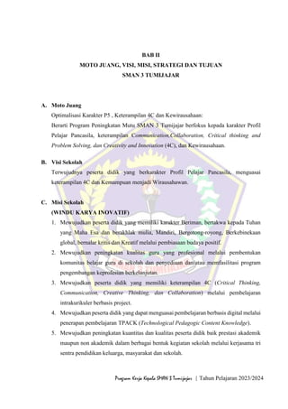 6
Program Kerja Kepala SMAN 3 Tumijajar | Tahun Pelajaran 2023/2024
BAB II
MOTO JUANG, VISI, MISI, STRATEGI DAN TUJUAN
SMAN 3 TUMIJAJAR
A. Moto Juang
Optimalisasi Karakter P5 , Keterampilan 4C dan Kewirausahaan:
Berarti Program Peningkatan Mutu SMAN 3 Tumijajar berfokus kepada karakter Profil
Pelajar Pancasila, keterampilan Communication,Collaboration, Critical thinking and
Problem Solving, dan Creativity and Innovation (4C), dan Kewirausahaan.
B. Visi Sekolah
Terwujudnya peserta didik yang berkarakter Profil Pelajar Pancasila, menguasai
keterampilan 4C dan Kemampuan menjadi Wirausahawan.
C. Misi Sekolah
(WINDU KARYA INOVATIF)
1. Mewujudkan peserta didik yang memiliki karakter Beriman, bertakwa kepada Tuhan
yang Maha Esa dan berakhlak mulia, Mandiri, Bergotong-royong, Berkebinekaan
global, bernalar kritis dan Kreatif melalui pembiasaan budaya positif.
2. Mewujudkan peningkatan kualitas guru yang profesional melalui pembentukan
komunitas belajar guru di sekolah dan penyediaan dan/atau memfasilitasi program
pengembangan keprofesian berkelanjutan.
3. Mewujudkan peserta didik yang memiliki keterampilan 4C (Critical Thinking,
Communication, Creative Thinking, dan Collaboration) melalui pembelajaran
intrakurikuler berbasis project.
4. Mewujudkan peserta didik yang dapat menguasai pembelajaran berbasis digital melalui
penerapan pembelajaran TPACK (Technological Pedagogic Content Knowledge).
5. Mewujudkan peningkatan kuantitas dan kualitas peserta didik baik prestasi akademik
maupun non akademik dalam berbagai bentuk kegiatan sekolah melalui kerjasama tri
sentra pendidikan keluarga, masyarakat dan sekolah.
 
