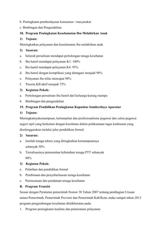 b. Peningkatan pemberdayaan konsumen / masyarakat
c. Bimbingan dan Pengendalian
18. Program Peningkatan Keselamatan Ibu Melahirkan Anak
1) Tujuan:
Meningkatkan pelayanan dan keselamatan ibu melahirkan anak
2) Sasaran:
a.

Seluruh persalinan mendapat pertolongan tenaga kesehatan

b.

Ibu hamil mendapat pelayanan K1: 100%

c.

Ibu hamil mendapat pelayanan K4: 95%

d.

Ibu hamil dengan komplikasi yang ditangani menjadi 98%

e.

Pelayanan ibu nifas mencapai 98%

f.

Peserta KB aktif menjadi 75%

3) Kegiatan Pokok:
a.

Pertolongan persalinan ibu hamil dari keluarga kurang mampu

b.

Bimbingan dan pengendalian

19. Program Pendidikan Peningkatan Kapasitas Sumberdaya Aparatur
1) Tujuan:
Meningkatnyakemampuan, ketrampilan dan profesionalisme pegawai dan calon pegawai
negeri sipil yang berkaitan dengan kesehatan dalam pelaksanaan tugas kedinasan yang
diselenggarakan melalui jalur pendidikan formal.
2) Sasaran:
a.

Jumlah tenaga teknis yang ditingkatkan kemampuannya
sebanyak 50%

b.

Terealisasinya pemenuhan kebutuhan tenaga PTT sebanyak
80%

3) Kegiatan Pokok:
a.

Pelatihan dan pendidikan formal

b.

Pembinaan dan penyebarluasan tenaga kesehatan

c.

Perencanaan dan pendataan tenaga kesehatan

B. Program Transisi
Sesuai dengan Peraturan pemerintah Nomor 38 Tahun 2007 tentang pembagian Urusan
antara Pemerintah, Pemerintah Provinsi dan Pemerintah Kab/Kota, maka sampai tahun 2013
program pengembangan kesehatan dititikberatan pada:
1.

Program peningkatan kualitas dan pemerataan pelayanan

 