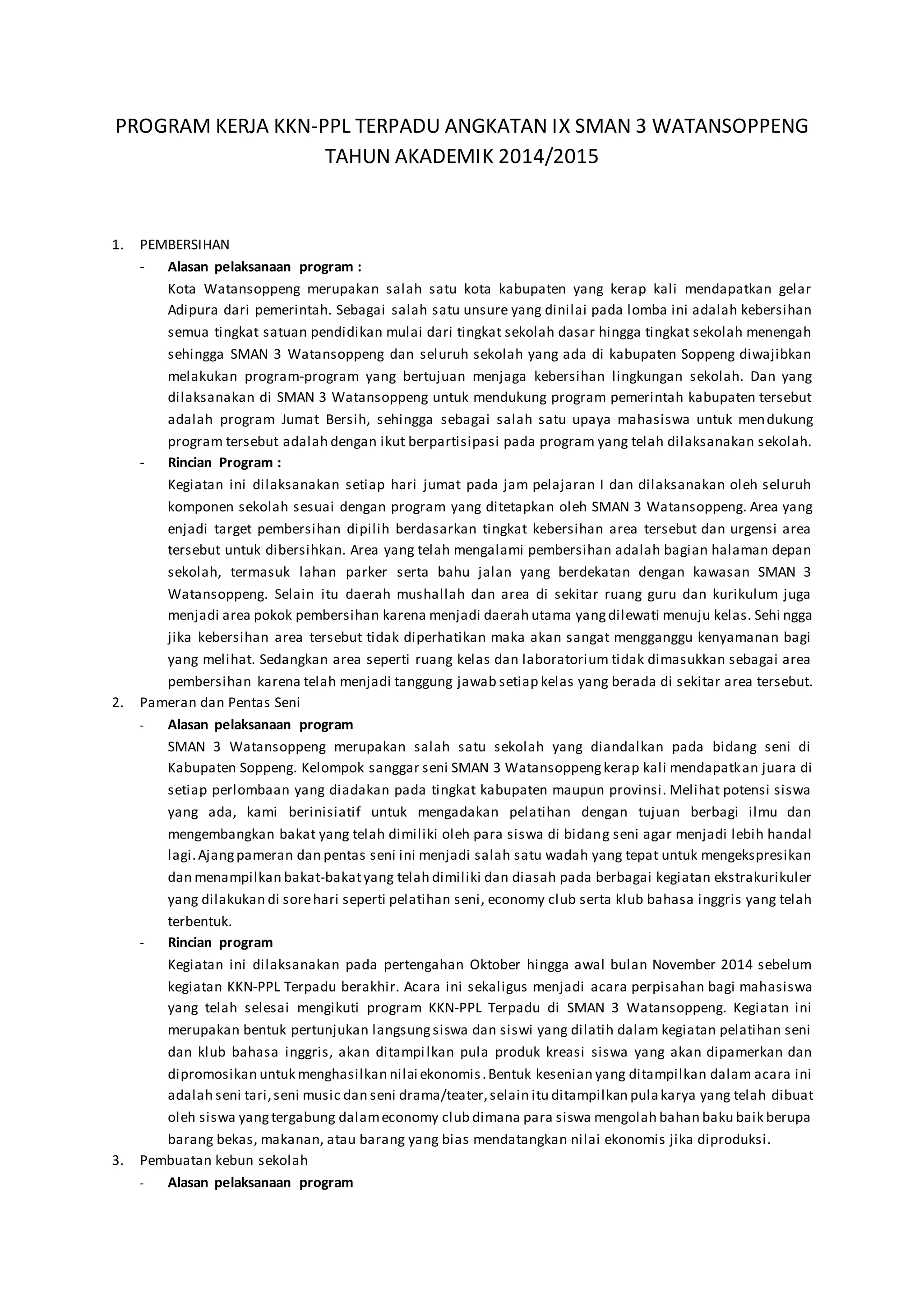 Program kerja kkN SMA NEGERI 3 WATANSOPPENG ANGKATAN IX | DOCX