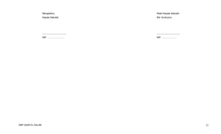 Mengetahui,
Kepala Sekolah,

Bid. Kurikulum,

.............................

............................

NIP. ………………….

SMP DAAR EL-SALAM

Wakil Kepala Sekolah

NIP. ……………….

21

 