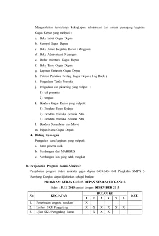 Mengusahakan tersedianya kelengkapan administrasi dan sarana penunjang kegiatan
Gugus Depan yang meliputi :
a. Buku Induk Gugus Depan
b. Stempel Gugus Depan
c. Buku Jurnal Kegiatan Harian / Mingguan
d. Buku Administrasi Keuangan
e. Daftar Inventaris Gugus Depan
f. Buku Tamu Gugus Depan
g. Laporan Semester Gugus Depan
h. Catatan Peristiwa Penting Gugus Depan ( Log Book )
i. Pengadaan Tenda Pramuka
j. Pengadaan alat pionering yang meliputi :
1) tali pramuka
2) tongkat
k. Bendera Gugus Depan yang meliputi:
1) Bendera Tunas Kelapa
2) Bendera Pramuka Sedunia Putra
3) Bendera Pramuka Sedunia Putri
l. Bendera Semaphore dan Morse
m. Papan Nama Gugus Depan
4. Bidang Keuangan
Penggalian dana kegiatan yang meliputi:
a. Iuran peserta didik
b. Sumbangan dari MABIGUS
c. Sumbangan lain yang tidak mengikat
B. Penjabaran Program dalam Semester
Penjabaran program dalam semester gugus depan 0405.040- 041 Pangkalan SMPN 3
Rambang Dangku dapat dijabarkan sebagai berikut:
PROGRAM KERJA GUGUS DEPAN SEMESTER GANJIL
Bulan : JULI 2015 sampai dengan DESEMBER 2015
No KEGIATAN
BULAN KE
KET.
1 2 3 4 5 6
1. Penerimaan anggota pasukan X
2. Latihan SKU Penggalang X X X X X X
3. Ujian SKU Penggalang Ramu X X X
 
