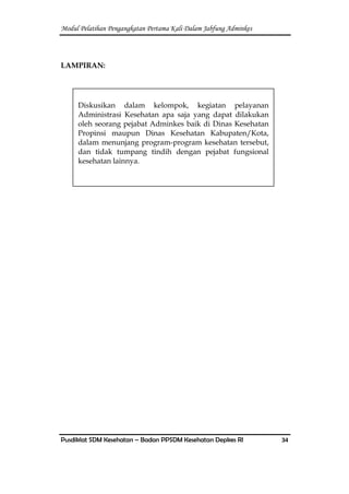 Modul Pelatihan Pengangkatan Pertama Kali Dalam Jabfung Adminkes
Pusdiklat SDM Kesehatan – Badan PPSDM Kesehatan Depkes RI 34
LAMPIRAN:
Diskusikan dalam kelompok, kegiatan pelayanan
Administrasi Kesehatan apa saja yang dapat dilakukan
oleh seorang pejabat Adminkes baik di Dinas Kesehatan
Propinsi maupun Dinas Kesehatan Kabupaten/Kota,
dalam menunjang program-program kesehatan tersebut,
dan tidak tumpang tindih dengan pejabat fungsional
kesehatan lainnya.
 