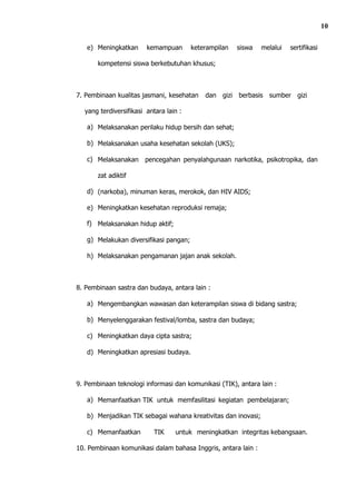 10

   e) Meningkatkan      kemampuan       keterampilan   siswa   melalui   sertifikasi

       kompetensi siswa berkebutuhan khusus;



7. Pembinaan kualitas jasmani, kesehatan    dan gizi berbasis sumber gizi

  yang terdiversifikasi antara lain :

   a) Melaksanakan perilaku hidup bersih dan sehat;

   b) Melaksanakan usaha kesehatan sekolah (UKS);

   c) Melaksanakan pencegahan penyalahgunaan narkotika, psikotropika, dan

       zat adiktif

   d) (narkoba), minuman keras, merokok, dan HIV AIDS;

   e) Meningkatkan kesehatan reproduksi remaja;

   f) Melaksanakan hidup aktif;

   g) Melakukan diversifikasi pangan;

   h) Melaksanakan pengamanan jajan anak sekolah.



8. Pembinaan sastra dan budaya, antara lain :

   a) Mengembangkan wawasan dan keterampilan siswa di bidang sastra;

   b) Menyelenggarakan festival/lomba, sastra dan budaya;

   c) Meningkatkan daya cipta sastra;

   d) Meningkatkan apresiasi budaya.



9. Pembinaan teknologi informasi dan komunikasi (TIK), antara lain :

   a) Memanfaatkan TIK untuk memfasilitasi kegiatan pembelajaran;

   b) Menjadikan TIK sebagai wahana kreativitas dan inovasi;

   c) Memanfaatkan        TIK     untuk meningkatkan integritas kebangsaan.

10. Pembinaan komunikasi dalam bahasa Inggris, antara lain :
 