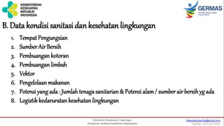 B. Data kondisi sanitasi dankesehatan lingkungan
1. Tempat Pengungsian
2. Sumber Air Bersih
3. Pembuangan kotoran
4. Pembuangan limbah
5. Vektor
6. Pengelolaan makanan
7. Potensi yangada : Jumlahtenagasanitarian& Potensi alam/ sumber air bersihyg ada
8. Logistik kedaruratankesehatan lingkungan
 