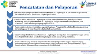 1
• Setiap Pasien yang diberikan Pelayanan Kesehatan Lingkungan di Puskesmas wajib dicatat
dalam lembar status Kesehatan Lingkungan Pasien
2
• Lembar status Kesehatan Lingkungan Pasien merupakan resume/kesimpulan hasil
Konseling, hasil Inspeksi Kesehatan Lingkungan yang dilakukan terhadap Pasien, dan
Intervensi Kesehatan Lingkungan yang dilakukan.
3
• Puskesmas wajib menyampaikan laporan kegiatan Pelayanan Kesehatan Lingkungan secara
berkala kepada Kepala Dinas Kesehatan Kabupaten/Kota
4
• Laporan kegiatan Pelayanan Kesehatan Lingkungan merupakan bahan pertimbangan untuk
menetapkan kebijakan kesehatan lingkungan dalam skala kabupaten/kota.
5
• Dalam hal Pasien yang diberikan Pelayanan Kesehatan Lingkungan adalah anggota masyarakat yang
bertempat tinggal di luar wilayah Puskesmas, maka Kepala Puskesmas wajib melaporkan kepada Kepala
Dinas Kesehatan Kabupaten/Kota setempat untuk ditindaklanjuti
 
