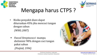 Mengapa harus CTPS ?
• Risiko penyakit diare dapat
diturunkan 45% jika mencuci tangan
dengan sabun
(WHO, 2007)
 Faecal Streptococci mampu
dieliminir 90% dengan cuci tangan
pakai sabun
(Pinfold, 1994)
 