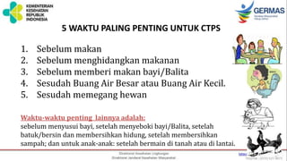 5 WAKTU PALING PENTING UNTUK CTPS
1. Sebelum makan
2. Sebelum menghidangkan makanan
3. Sebelum memberi makan bayi/Balita
4. Sesudah Buang Air Besar atau Buang Air Kecil.
5. Sesudah memegang hewan
Waktu-waktu penting lainnya adalah:
sebelum menyusui bayi, setelah menyeboki bayi/Balita, setelah
batuk/bersin dan membersihkan hidung, setelah membersihkan
sampah; dan untuk anak-anak: setelah bermain di tanah atau di lantai.
 