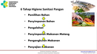 • Pemilihan Bahan
• Penyimpanan Bahan
• Pengolahan
• Penyimpanan Makanan Matang
• Pengangkutan Makanan
• Penyajian Makanan
6 Tahap Higiene Sanitasi Pangan
 
