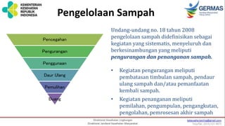 Pengelolaan Sampah
Undang-undang no. 18 tahun 2008
pengelolaan sampah didefinisikan sebagai
kegiatan yang sistematis, menyeluruh dan
berkesinambungan yang meliputi
pengurangan dan penanganan sampah.
• Kegiatan pengurangan meliputi
pembatasan timbulan sampah, pendaur
ulang sampah dan/atau pemanfaatan
kembali sampah.
• Kegiatan penanganan meliputi
pemilahan, pengumpulan, pengangkutan,
pengolahan, pemrosesan akhir sampah
Pencegahan
Pengurangan
Penggunaan
Daur Ulang
Pemulihan
Buang
 