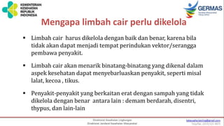 Mengapa limbah cair perlu dikelola
 Limbah cair harus dikelola dengan baik dan benar, karena bila
tidak akan dapat menjadi tempat perindukan vektor/serangga
pembawa penyakit.
 Limbah cair akan menarik binatang-binatang yang dikenal dalam
aspek kesehatan dapat menyebarluaskan penyakit, seperti misal
lalat, kecoa , tikus.
 Penyakit-penyakit yang berkaitan erat dengan sampah yang tidak
dikelola dengan benar antara lain : demam berdarah, disentri,
thypus, dan lain-lain
 