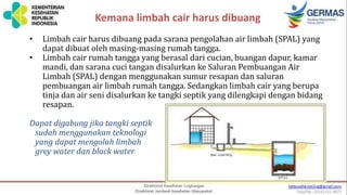 Kemana limbah cair harus dibuang
• Limbah cair harus dibuang pada sarana pengolahan air limbah (SPAL) yang
dapat dibuat oleh masing-masing rumah tangga.
• Limbah cair rumah tangga yang berasal dari cucian, buangan dapur, kamar
mandi, dan sarana cuci tangan disalurkan ke Saluran Pembuangan Air
Limbah (SPAL) dengan menggunakan sumur resapan dan saluran
pembuangan air limbah rumah tangga. Sedangkan limbah cair yang berupa
tinja dan air seni disalurkan ke tangki septik yang dilengkapi dengan bidang
resapan.
Dapat digabung jika tangki septik
sudah menggunakan teknologi
yang dapat mengolah limbah
grey water dan black water
 