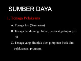 Tenaga Pelaksana A. Tenaga Inti (Sanitarian) B. Tenaga Pendukung : bidan, perawat, petugas gizi dll C. Tenaga yang ditunjuk oleh pimpinan Pusk dlm  pelaksanaan program. 