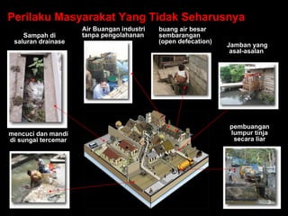 Perilaku Masyarakat Yang Tidak Seharusnya   mencuci dan mandi di sungai tercemar Sampah di saluran drainase Air Buangan industri tanpa pengolahanan  buang air besar sembarangan (open defecation)  Jamban yang asal-asalan  pembuangan lumpur tinja secara liar 