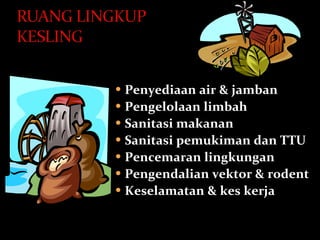Penyediaan air  & jamban Pengelolaan limbah Sanitasi makanan Sanitasi pemukiman dan TTU Pencemaran lingkungan Pengendalian vektor & rodent Keselamatan & kes kerja 