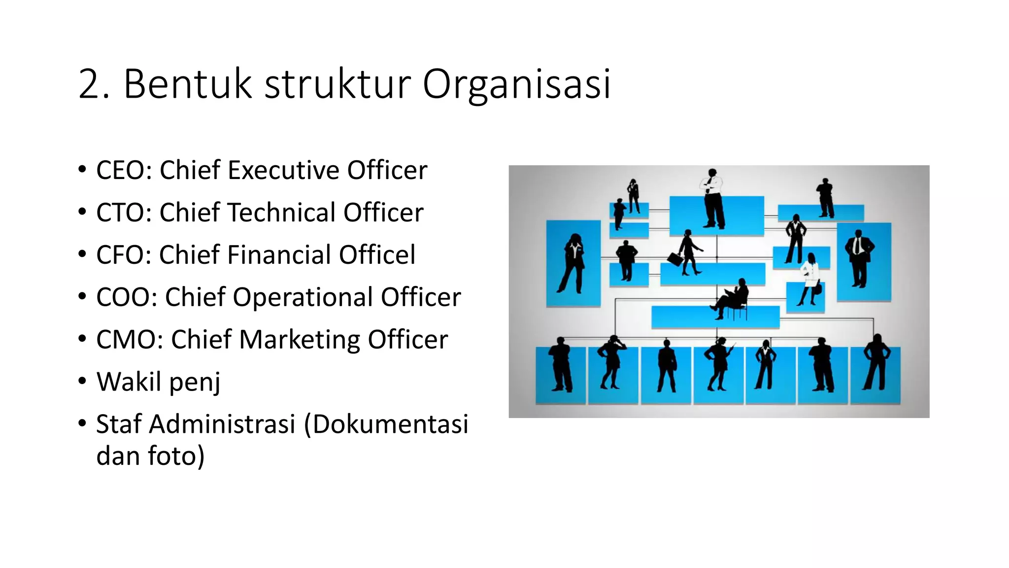 2. Bentuk struktur Organisasi
• CEO: Chief Executive Officer
• CTO: Chief Technical Officer
• CFO: Chief Financial Officel
• COO: Chief Operational Officer
• CMO: Chief Marketing Officer
• Wakil penj
• Staf Administrasi (Dokumentasi
dan foto)
 
