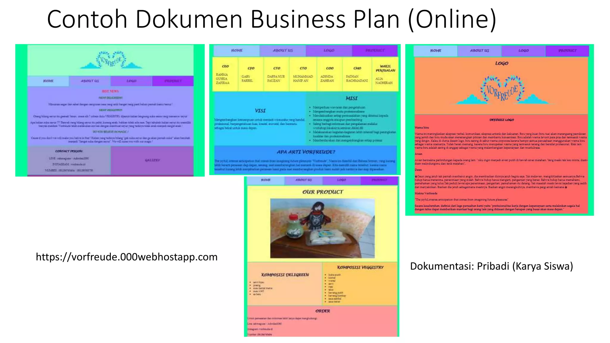Contoh Dokumen Business Plan (Online)
https://vorfreude.000webhostapp.com
Dokumentasi: Pribadi (Karya Siswa)
 