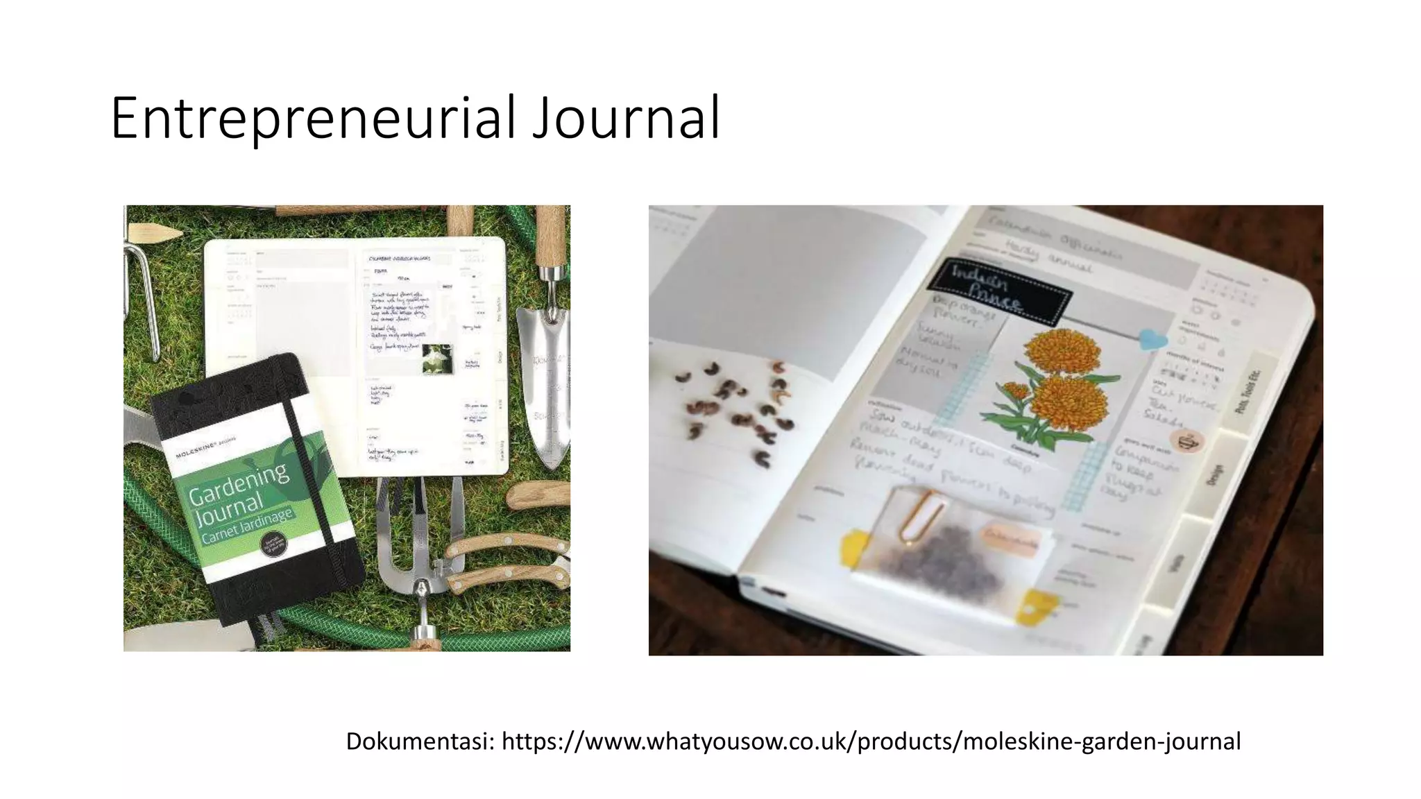 Entrepreneurial Journal
Dokumentasi: https://www.whatyousow.co.uk/products/moleskine-garden-journal
 