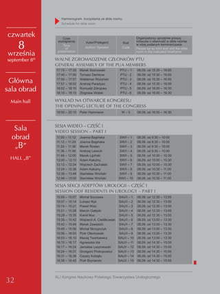 Harmonogram korzystania ze slide roomu
                   Schedule for slide room


czwartek            Czas                                                organizatorzy uprzejmie proszą
                 wystąpienia                                            mówców o obecność w slide roomie
     8              Time
                      of
                 presentation
                                   Autor/Prelegent
                                   Author/ Speaker
                                                             Kod
                                                             Code
                                                                        w niżej podanym terminie/czasie
                                                                        Please be so kind and visit the slide
                                                                        room in the indicated timeframe
września
september 8th   WALNE ZGROMADZENIE CZŁONKÓW PTU
                GENERAL ASSEMBLY OF THE PUA MEMBERS
                17:15 – 17:30   Marek Sosnowski             PTU – 1     08.09. od 15:30 – 16:00
                17:40 – 17:50   Tomasz demkow               PTU - 2     08.09. od 15:30 – 16:00
                17:50 – 17:57   waldemar Różański           PTU - 3     08.09. od 15:30 – 16:00
 Główna         17:57 – 18:02   Andrzej Paradysz            PTU - 4     08.09. od 15:30 – 16:00
sala obrad      18:02 – 18:10
                18:10 – 18:15
                                Romuald zdrojowy
                                zbigniew wolski
                                                            PTU - 5
                                                            PTU - 6
                                                                        08.09. od 16:00 – 16:30
                                                                        08.09. od 16:00 – 16:30

 Main hall      WYKŁAD NA OTWARCIE KONGRESU
                THE OPENING LECTURE OF THE CONGRESS
                19:50 – 20:10   Peter Hammerer               w–5        08.09. od 16:00 – 16:30



                SESJA WIDEO – CZĘŚĆ I
   Sala         VIDEO SESSION – PART I
  obrad         11:00 – 11:12   joanna Bagińska            Sw/I – 1     08.09. od 9:30 – 10:00
                11:12 – 11:24   joanna Bagińska            Sw/I – 2     08.09. od 9:30 – 10:00
   „B”          11:24 – 11:36   Marek Roslan               Sw/I – 3     08.09. od 9:30 – 10:00
                11:36 – 11:48   Andrzej Lewicki            Sw/I – 4     08.09. od 9:30 – 10:00
                11:48 – 12:00   Marek Lipiński             Sw/I – 5     08.09. od 10:00 – 10:30
 HALL „B”       12:00 – 12:12   Adam Kałużny               Sw/I – 6     08.09. od 10:00 – 10:30
                12:12 – 12:24   wojciech zachalski         Sw/I – 7     08.09. od 10:00 – 10:30
                12:24 – 12:36   Adam Kałużny               Sw/I – 8     08.09. od 10:30 – 11:00
                12:36 – 13:48   Stanisław wroński          Sw/I – 9     08.09. od 10:30 – 11:00
                12:48 – 13:00   Stanisław wroński          Sw/I – 10    08.09. od 10:30 – 11:00

                SESJA SEKCJI ADEPTÓW UROLOGII – CZĘŚĆ I
                SESSION ODF RESIDENTS IN UROLOGY – PART I
                15:00 – 15:07   Michał Soczawa             SAU/I – 1    08.09. od 12:30 – 13:00
                15:07 – 15:14   łukasz Nyk                 SAU/I – 2    08.09. od 12:30 – 13:00
                15:14 – 15:21   Paweł wisz                 SAU/I – 3    08.09. od 12:30 – 13:00
                15:21 – 15:28   Marcin gałęski             SAU/I – 4    08.09. od 12:30 – 13:00
                15:28 – 15:35   Kamil Muc                  SAU/I – 5    08.09. od 12:30 – 13:00
                15:35 – 15:42   wojciech A. Cieślikowski   SAU/I – 6    08.09. od 13:00 – 13:30
                15:42 – 15:49   Marek zawadzki             SAU/I – 7    08.09. od 13:00 – 13:30
                15:49 – 15:56   Michał Skrzypczyk          SAU/I – 8    08.09. od 13:00 – 13:30
                15:56 – 16:03   Piotr olechowski           SAU/I – 9    08.09. od 13:00 – 13:30
                16:03 – 16:10   Maciej Tworkiewicz         SAU/I – 10   08.09. od 13:00 – 13:30
                16:10 – 16:17   Agnieszka Ida              SAU/I – 11   08.09. od 14:30 – 15:00
                16:17 – 16:24   jarosław Leszniewski       SAU/I – 12   08.09. od 14:30 – 15:00
                16:24 – 16:31   grzegorz Prokopowicz       SAU/I – 13   08.09. od 14:30 – 15:00
                16:31 – 16:38   Cezary Kobajło             SAU/I – 14   08.09. od 14:30 – 15:00
                16:38 – 16:45   Piotr Bryniarski           SAU/I – 15   08.09. od 14:30 – 15:00




                XLI Kongres Naukowy Polskiego Towarzystwa Urologicznego
32
 