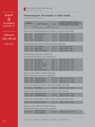 Harmonogram korzystania ze slide roomu
                   Schedule for slide room


  piątek        Harmonogram korzystania ze slide roomu
                Schedule for slide room
     9              Czas                                           organizatorzy uprzejmie proszą
września         wystąpienia        Autor/Prelegent         Kod    mówców o obecność w slide roomie
                                                                   w niżej podanym terminie/czasie
                    Time
september 9th         of            Author/ Speaker         Code   Please be so kind and visit the slide
                 presentation                                      room in the indicated timeframe

                WYKŁADY ZAPROSZONYCH GOŚCI / GUESTS LECTURES
                9:00 – 9:20     Hassan Abol-enein       w–6        08.09. od 18:30 – 19:00
 Główna         9:20 – 9:40     Igor Korneyev           w–7        08.09. od 18:30 – 19:00

sala obrad      9:40 – 10:00
                10:00 – 10:20
                                jack Schalken
                                Faiz Mumtaz
                                                        w–8
                                                        w–9
                                                                   08.09. od 19:00 – 19:30
                                                                   08.09. od 19:00 – 19:30

 Main hall      SESJA PROGRAMOWA / PROGRAMME SESSION
                10:25 – 10:45   guido Barbagli          w – 10     08.09. od 9:00 – 9:30
                10:45 – 11:10   Margit Fisch            w – 11     08.09. od 9:00 – 9:30
                11:10 – 11:25   Marcin Matuszewski      w – 12     08.09. od 9:00 – 9:30

                EUROPEJSKA SZKOŁA UROLOGII
                EUROPEAN SCHOOL OF UROLOGY
                12:00 – 12:05   Pilar Laguna           eSU – 1     09.09. od 10:30 – 11:00
                12:05 – 12:25   Pilar Laguna           eSU – 2     09.09. od 10:30 – 11:00
                12:25 – 12:45   Francesco Porpiglia    eSU – 3     09.09. od 11:00 – 11:30
                12:45 – 13:05   Francesco Porpiglia    eSU – 4     09.09. od 11:00 – 11:30
                13:05 – 13:25   Pilar Laguna           eSU – 5     09.09. od 10:30 – 11:00
                13:25 – 13:55   Marcin Matuszewski     eSU – 6     09.09. od 11:00 – 11:30

                SESJA SATELITARNA IPSEN POLAND
                IPSEN POLAND SATELLITE SESSION
                15:05 – 15:25   Tomasz demkow           w – 13     09.09. od 11:30 – 12:00
                15:25 – 15:45   Tomasz Borkowski        w – 14     09.09. od 11:30 – 12:00
                15:45 – 16:00   zbigniew wolski         w – 15     09.09. od 11:30 – 12:00

                WYKŁAD PROGRAMOWY / PROGRAMME LECTURE
                16:00 – 16:30   Piotr Milecki           w – 16     09.09. od 13:30 – 14:00

                SESJA SATELITARNA GSK / GSK SATELLITE SESSION
                16:30 – 17:00   Andrzej Borkowski       w – 17     09.09. od 13:30 – 14:00
                17:00 – 17:30   Michael Marberger       w – 18     09.09. od 13:30 – 14:00

                WYKŁAD SATELITARNY MSD / MSD SATELLITE LECTURE
                17:30 – 18:00   Piotr Radziszewski      w – 19     09.09. od 15:00 – 15:30

                SESJA SATELITARNA PFIZER POLSKA
                PFIZER POLAND SATELLITE SESSION
                                Marek Sosnowski
                18:00 – 18:35                           w – 20     09.09. od 15:00 – 15:30
                                justyna Izdebska



                XLI Kongres Naukowy Polskiego Towarzystwa Urologicznego
52
 